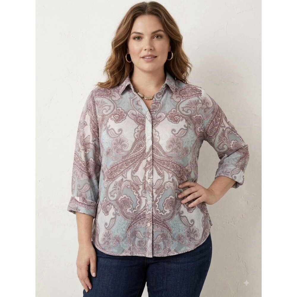 Chico's Paisley Chiffon Sheer Lightweight Button-Up Collared Blouse 2 Blue